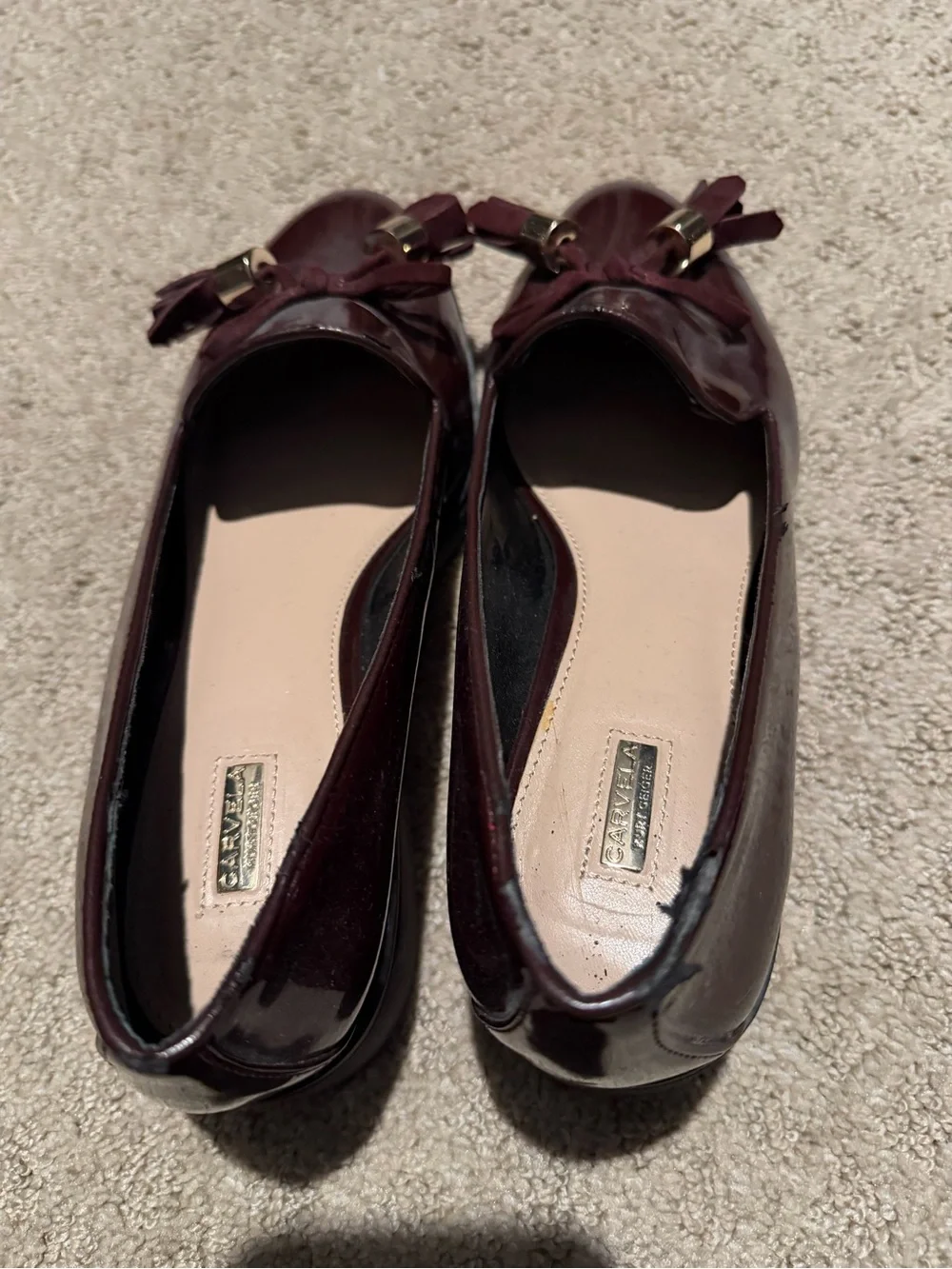 Patent Burgundy Bow Ballet Flats with Gold Accents